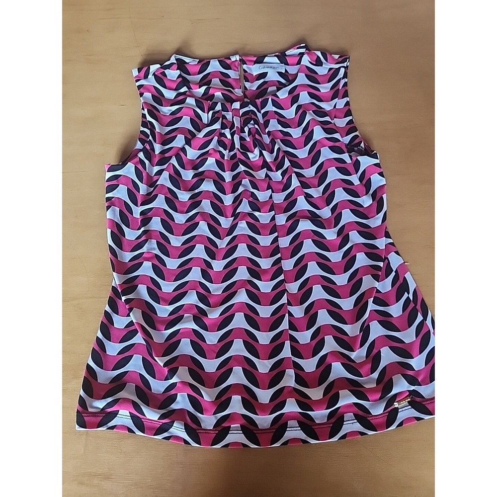 Calvin Klein Printed Pleat-Neck Blouse Sleeveless White Black Pink Size PM